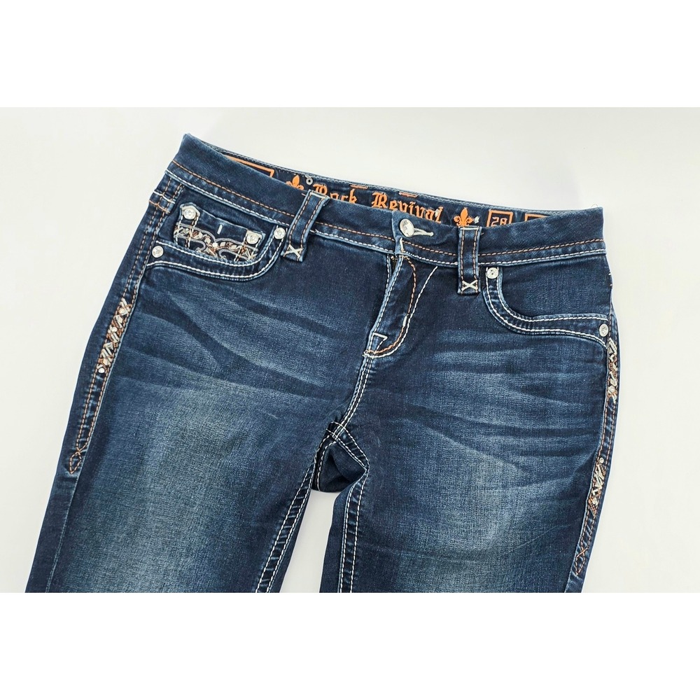 Rock Revival Y2K Jeans Jazlyn Mid Rise Bootcut Size 28 Womens Dark Wash Denim